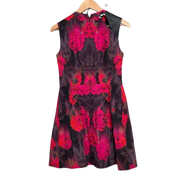 Nanette Lepore Dress Size 2 | Rose Print, Leather Trim, Fit & Flare, Made in USA - Picture 3 of 7